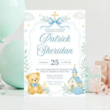 Blue Teddy Bear Church Boy Baptism Invitation - teddy bear, blue teddy bear, teddy bear church, blue teddy, bear church