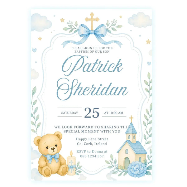Blue Teddy Bear Church Boy Baptism Invitation - teddy bear, blue teddy bear, teddy bear church, blue teddy, bear church