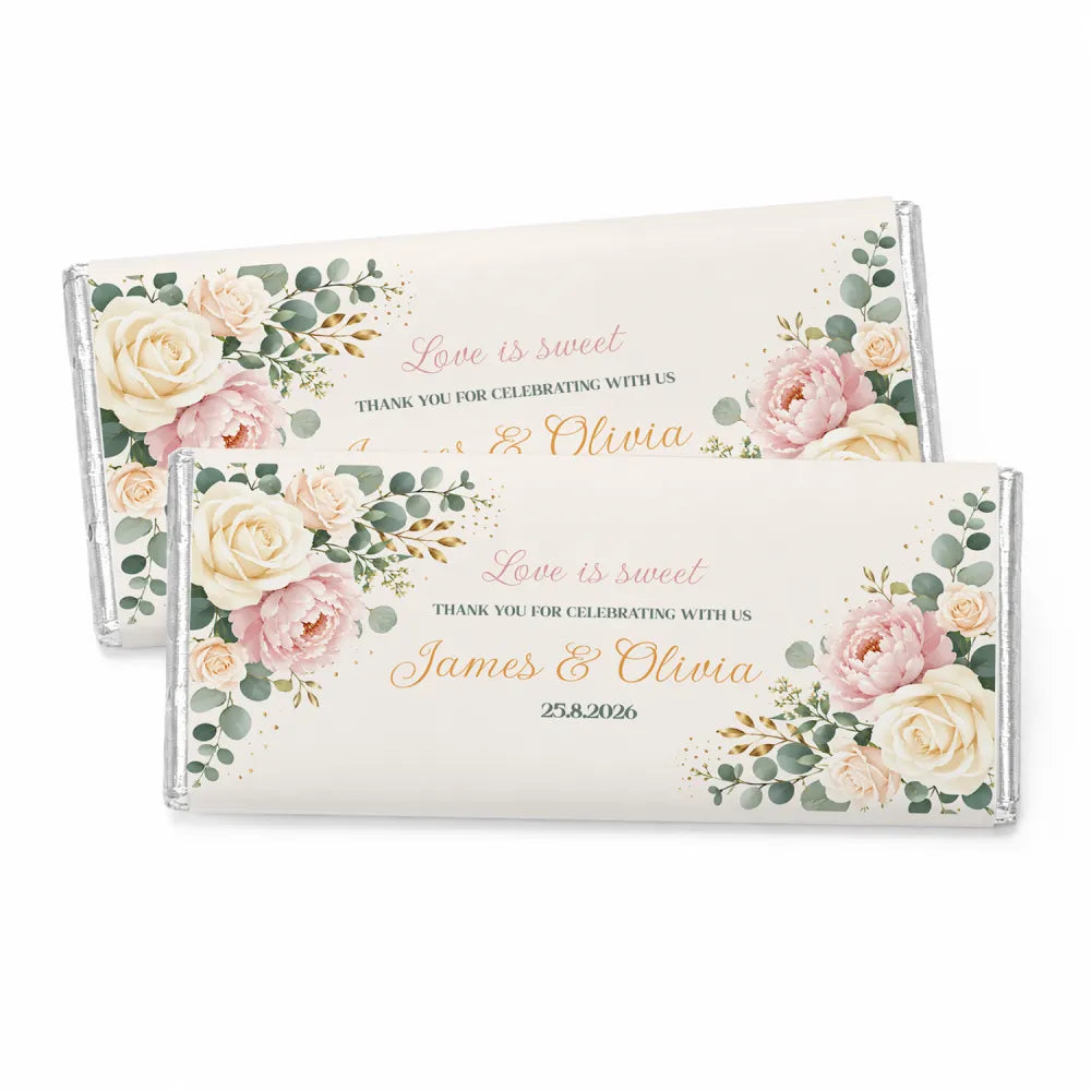 Two personalised 40g chocolate bars wrapped in silver foil with blush peony floral design for weddings