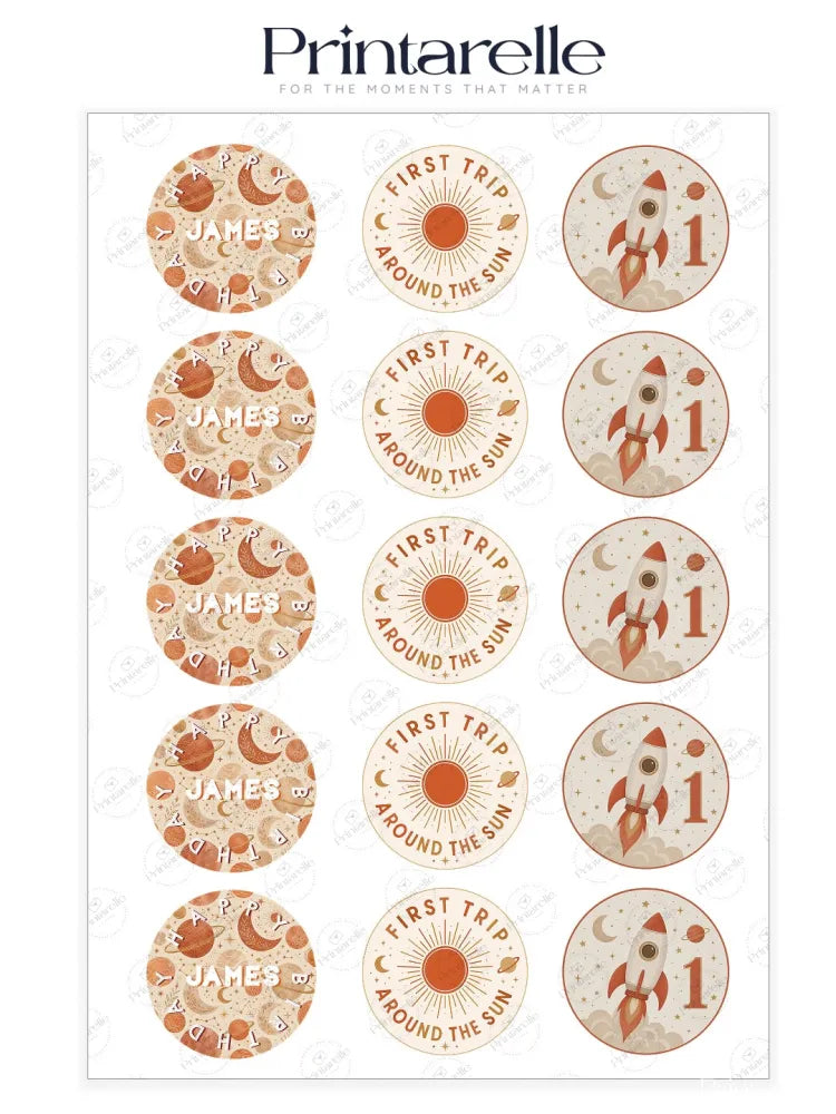 Boho space birthday cupcake toppers with circular earthy tone stickers featuring rockets and celestial designs