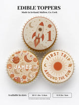 Boho space birthday cupcake toppers in orange and cream featuring rockets planets stars and personalized text for first birthdays