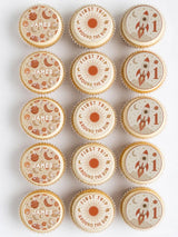 Boho space birthday cupcake toppers in terracotta and cream with space designs and names like james first trip around the sun