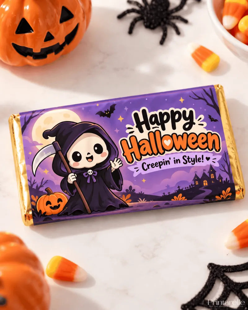 Purple and gold wrapped 100g halloween chocolate box featuring cartoon skeleton grim reaper on boo crew wrap