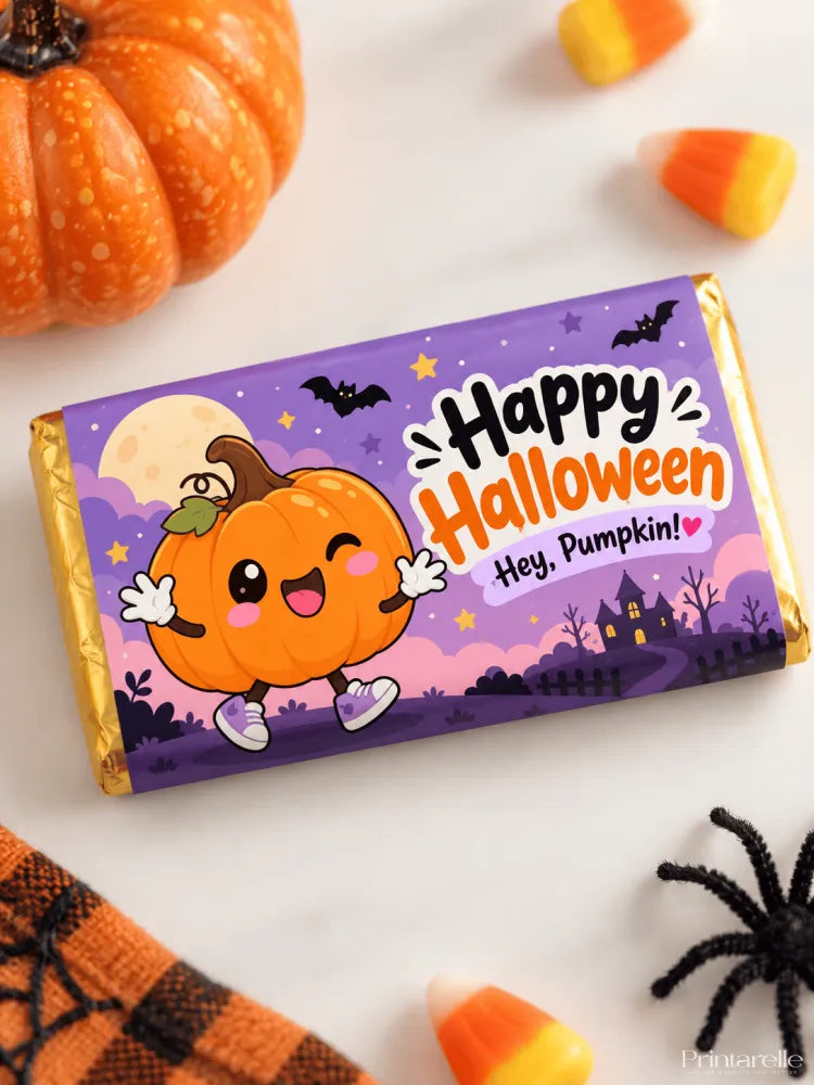 A purple and orange halloween chocolate box wrap for a 100g bar with a pumpkin cartoon and spooky night sky design
