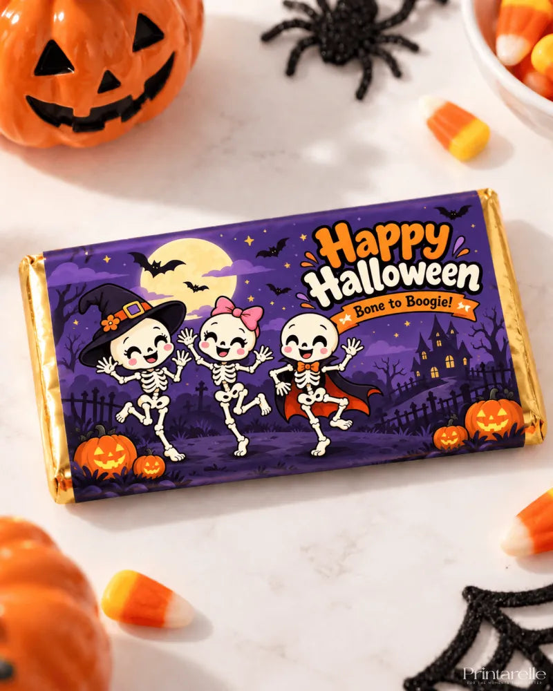 Purple and gold wrapped 100g halloween chocolate box with dancing skeletons on a moonlit night chocolate box wrap