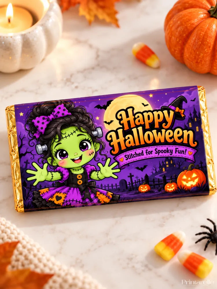 Purple and gold wrapped 100g halloween chocolate box featuring frankenstein girl on boo crew chocolate box wrap