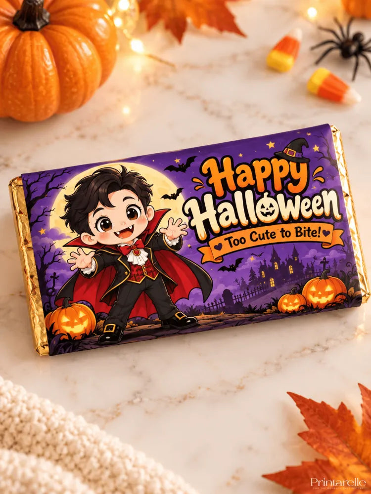 A 100g halloween chocolate box wrap featuring a purple and gold bar with a cartoon vampire on a spooky moonlit scene