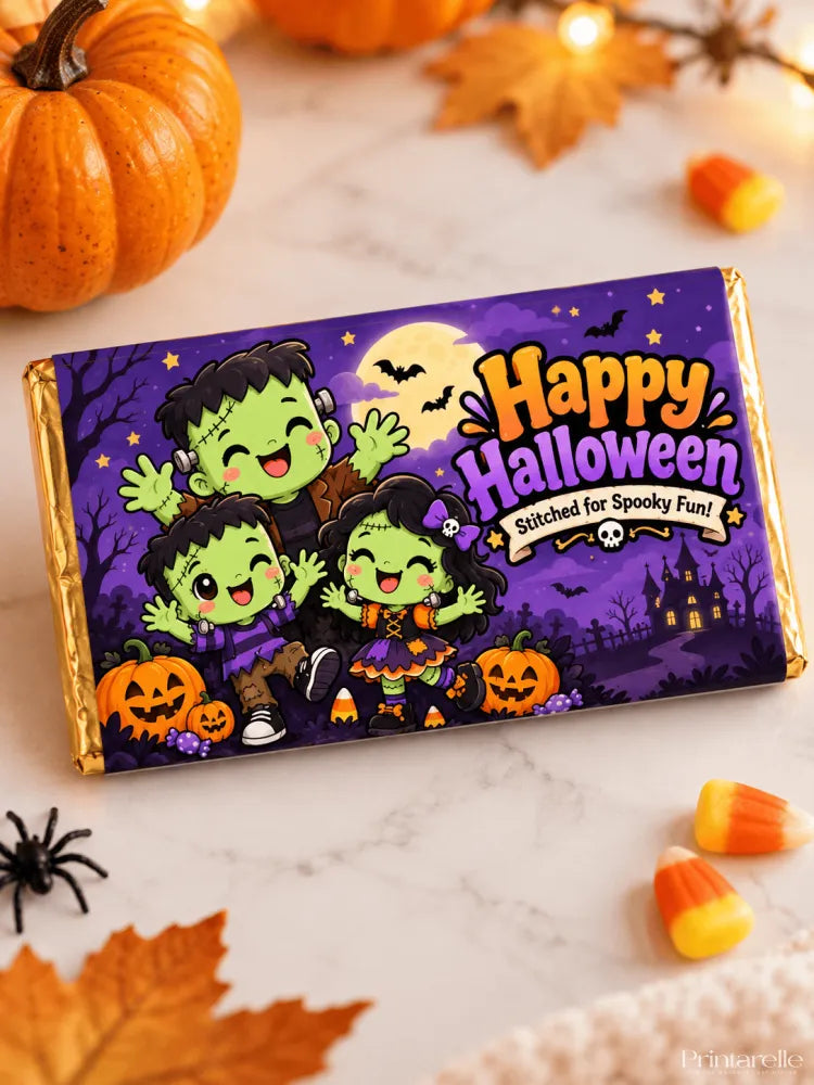 Purple 100g halloween chocolate box with gold foil wrap featuring smiling frankenstein and pumpkin cartoon in boo crew design