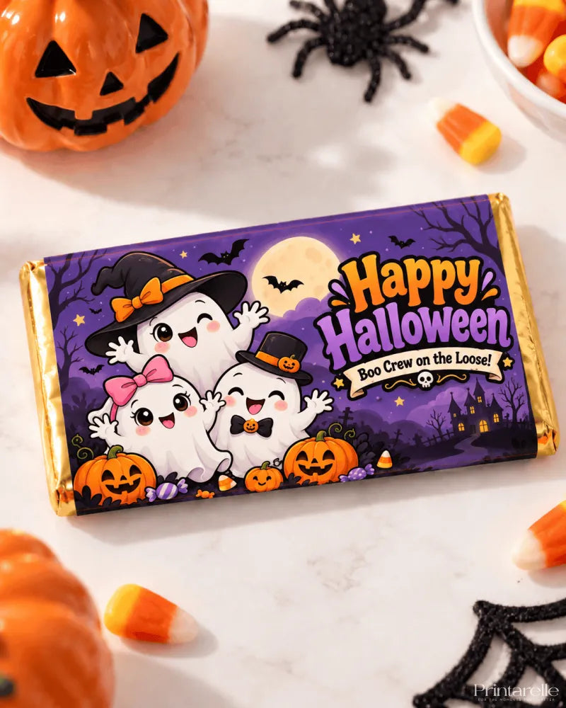 A purple and gold halloween chocolate box wrap featuring cartoon ghosts in witch hats on a spooky night sky 100g bar