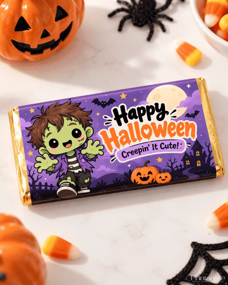 A 100g purple and gold halloween chocolate box wrap featuring a cute green zombie on the boo crew bar