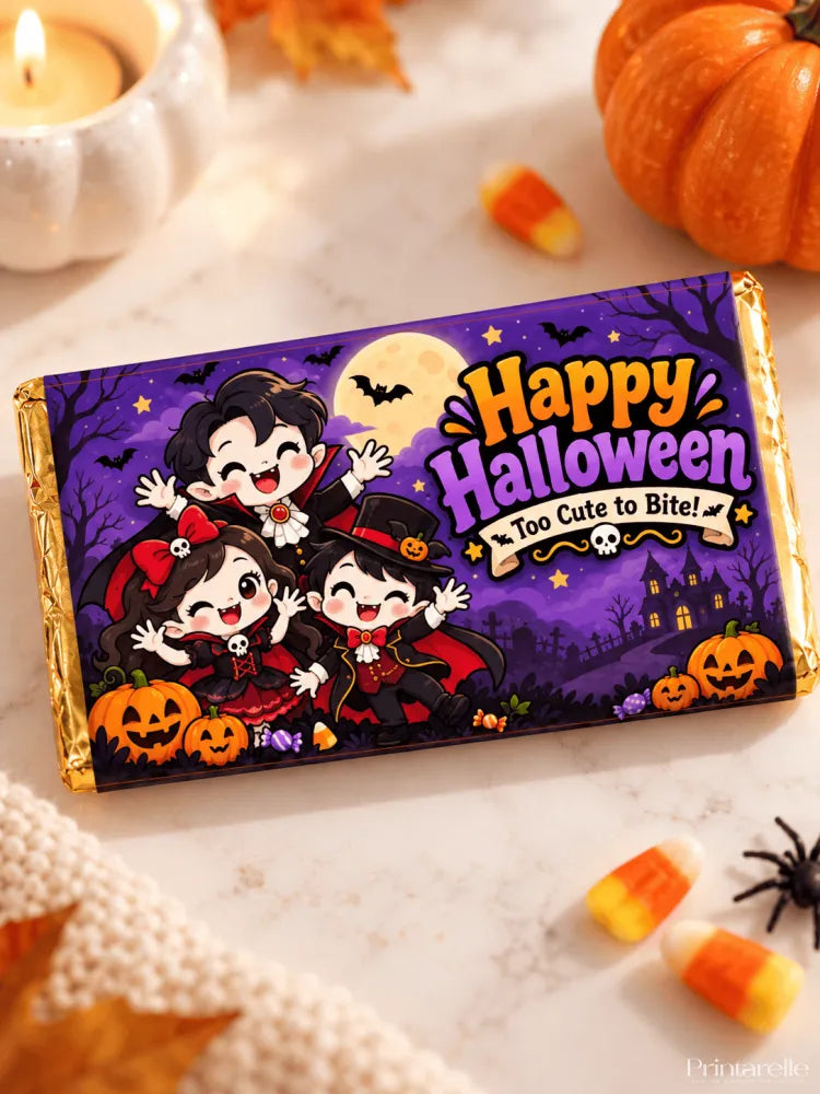 A purple and gold wrapped 100g halloween chocolate box wrap featuring cartoon characters and happy halloween design