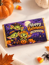 Personalised halloween chocolate box wrap for 100g bar with purple and gold goblin and moon design boo crew