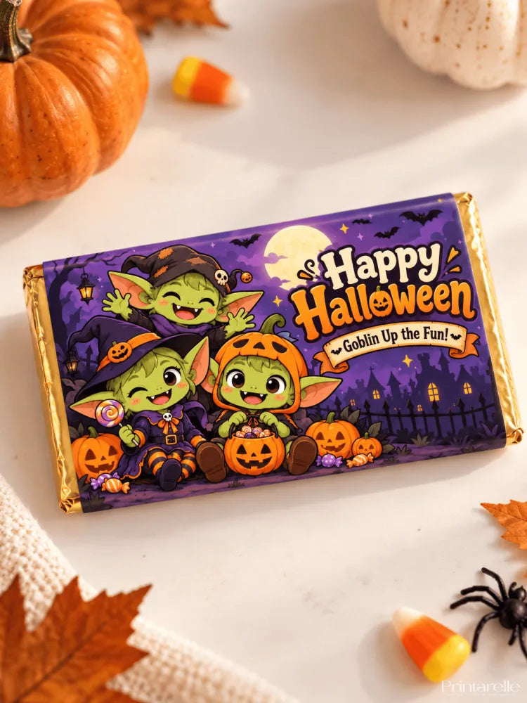 Personalised halloween chocolate box wrap for 100g bar with purple and gold goblin and moon design boo crew