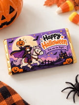 Purple and gold wrapped 100g halloween chocolate box with cartoon witch on white horse for boo crew chocolate box wrap