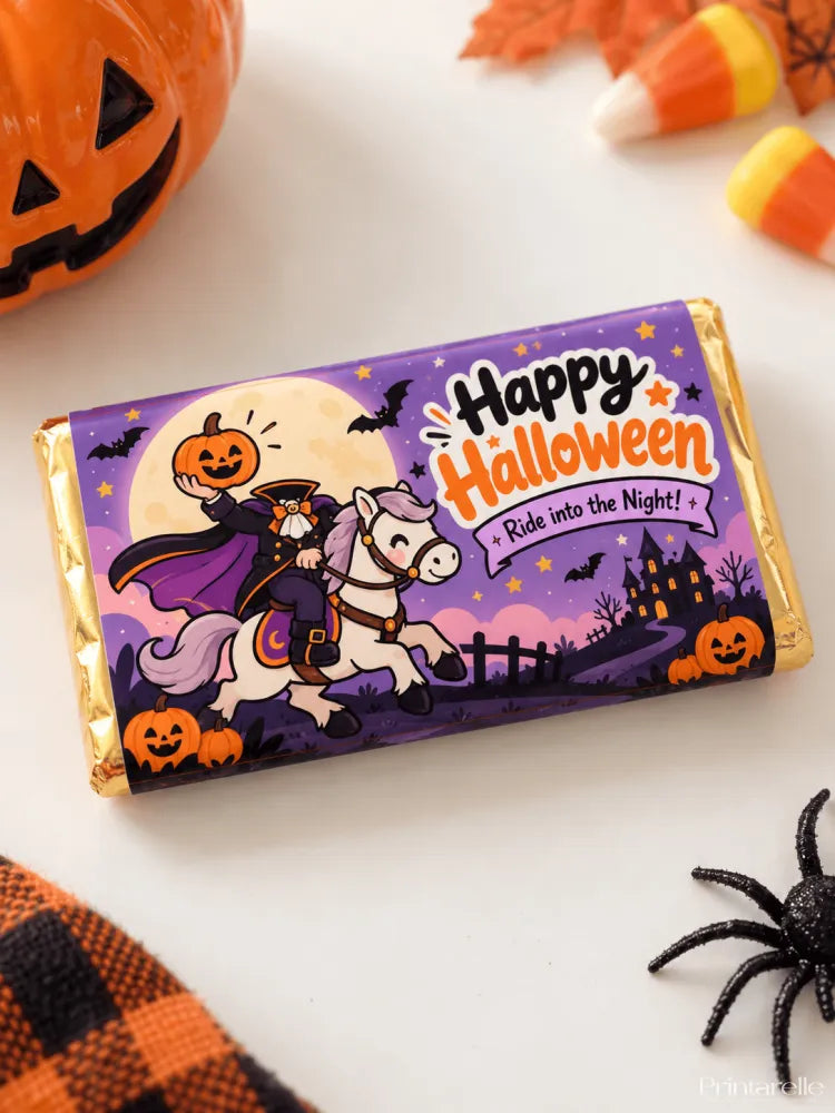 Purple and gold wrapped 100g halloween chocolate box with cartoon witch on white horse for boo crew chocolate box wrap