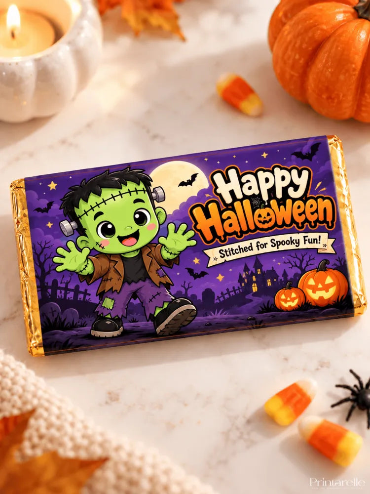 A purple and gold 100g halloween chocolate box wrap featuring a cartoon frankenstein for boo crew chocolate box