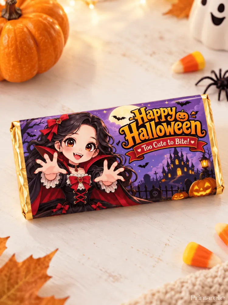 A purple and gold wrapped halloween chocolate box wrap featuring a cartoon vampire girl on a 100g bar