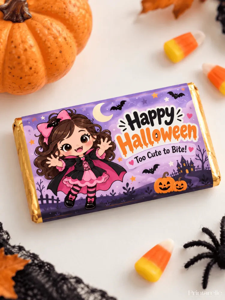 A purple and gold halloween chocolate box wrap featuring a cartoon girl with happy halloween and too cute to bite text on a 100g bar