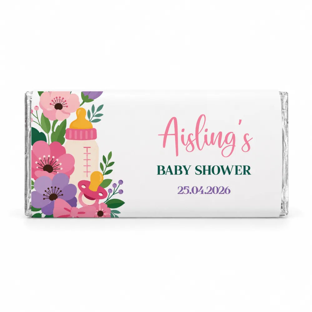 A white wrapped 40g chocolate bar with pink purple flowers baby bottle and pacifier for baby shower gifts