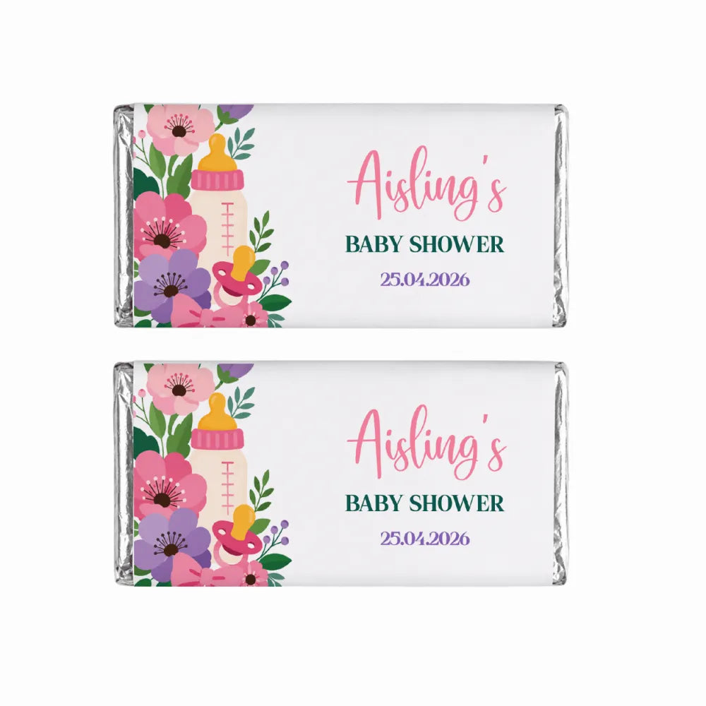 Two personalized 40g silver foil chocolate bars with pink purple floral baby bottle designs for baby shower gifts
