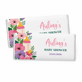 Pink and purple floral themed personalised 40g chocolate bars for aisling’s baby shower with baby bottle design