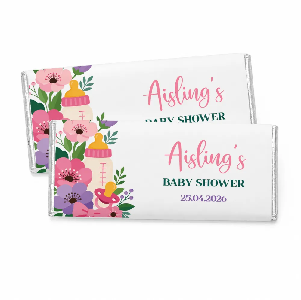 Pink and purple floral themed personalised 40g chocolate bars for aisling’s baby shower with baby bottle design