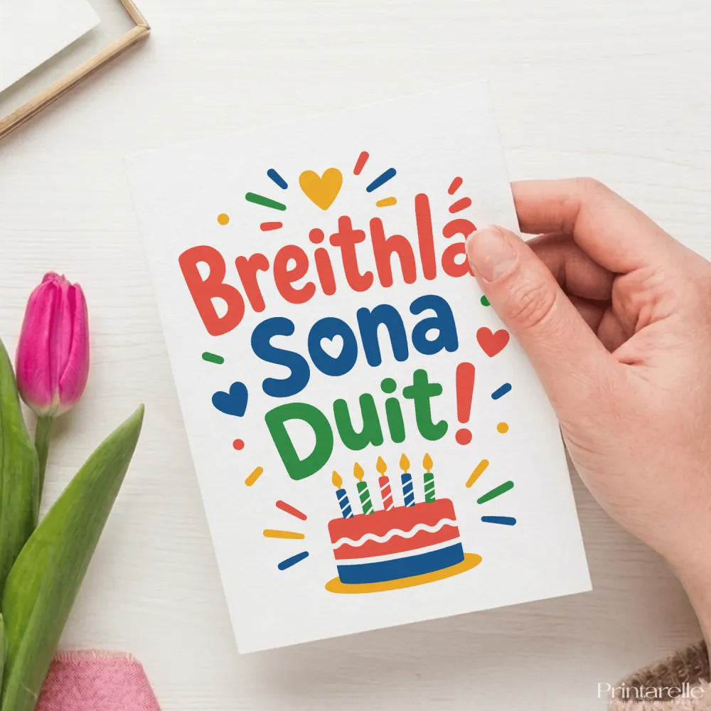 Colorful irish birthday card with breithlá sona duit text and cartoon cake featuring vibrant red blue and green letters