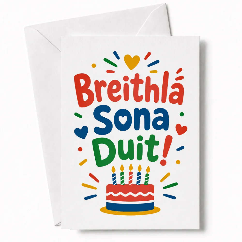 A vibrant irish birthday card with colorful sona duit lettering and a playful cartoon cake illustration