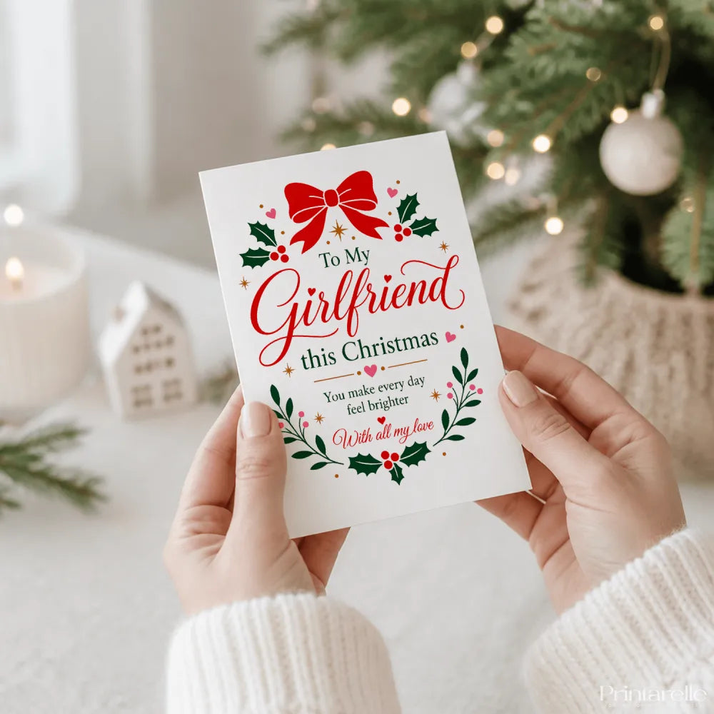 White christmas greeting card with red bow and holly leaves for a girlfriend christmas card titled brighter every day