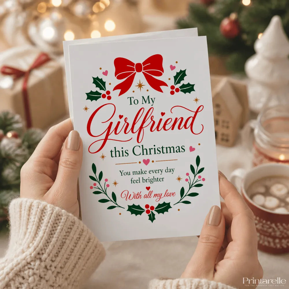 White girlfriend christmas card with red bow green holly and cursive text to my girlfriend this christmas