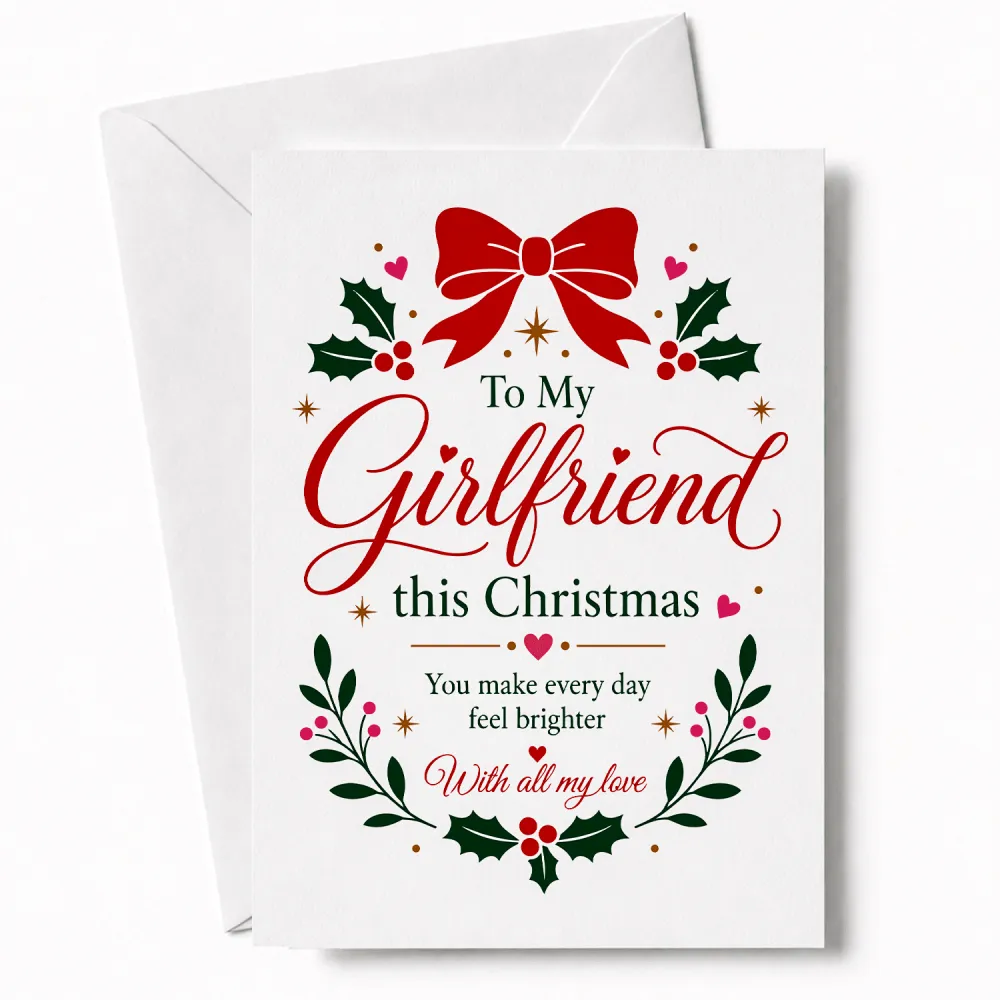 White girlfriend christmas card with red bow green holly and festive script reading to my girlfriend this christmas