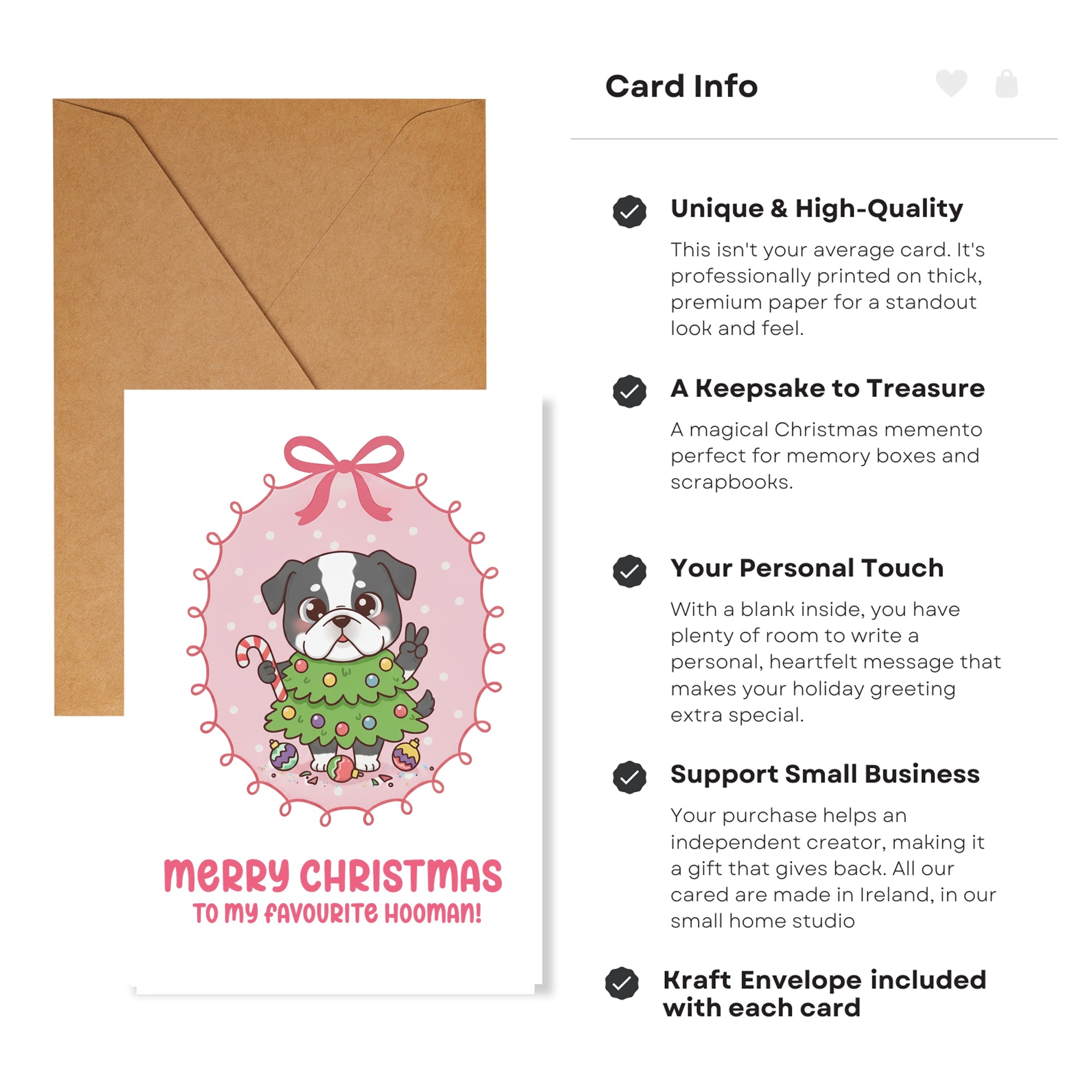 Christmas card with a dog illustration and text, featuring a kraft envelope.