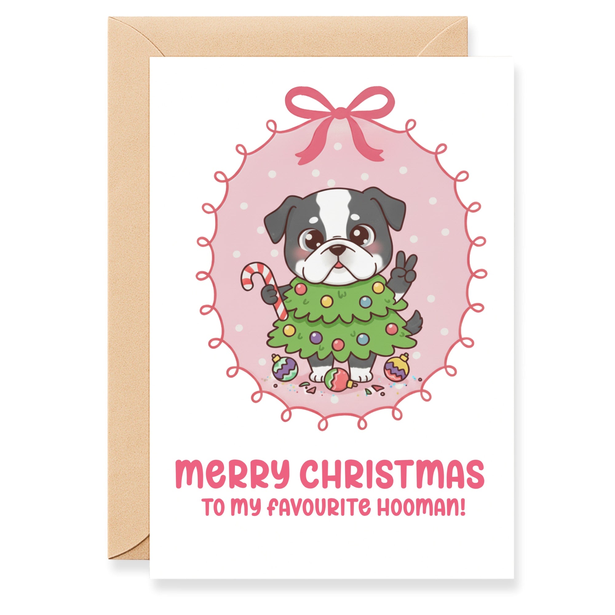 Christmas card with a dog holding a Christmas tree and candy cane, on a pink polka dot background.