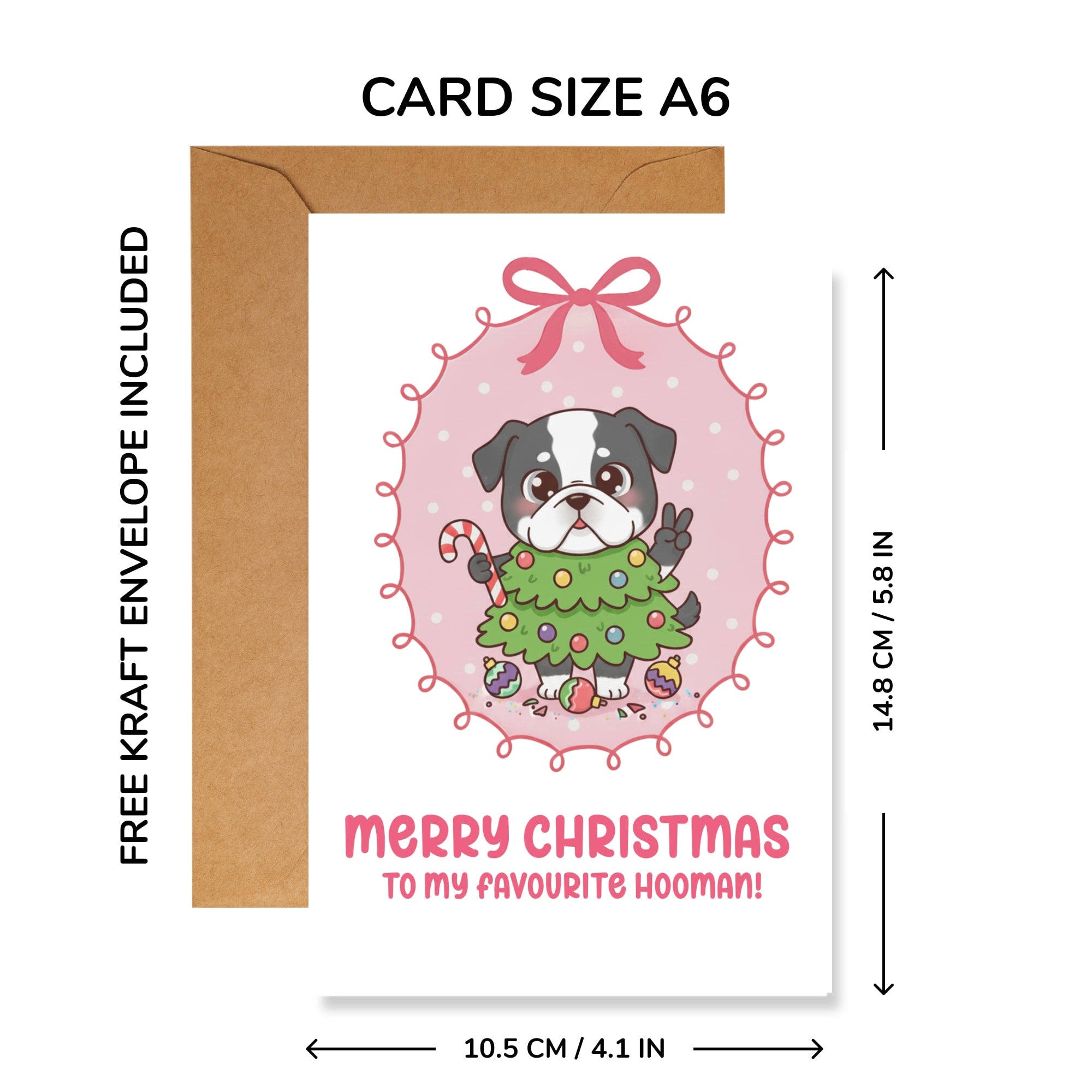 Christmas card with a dog illustration and free kraft envelope, showing dimensions.