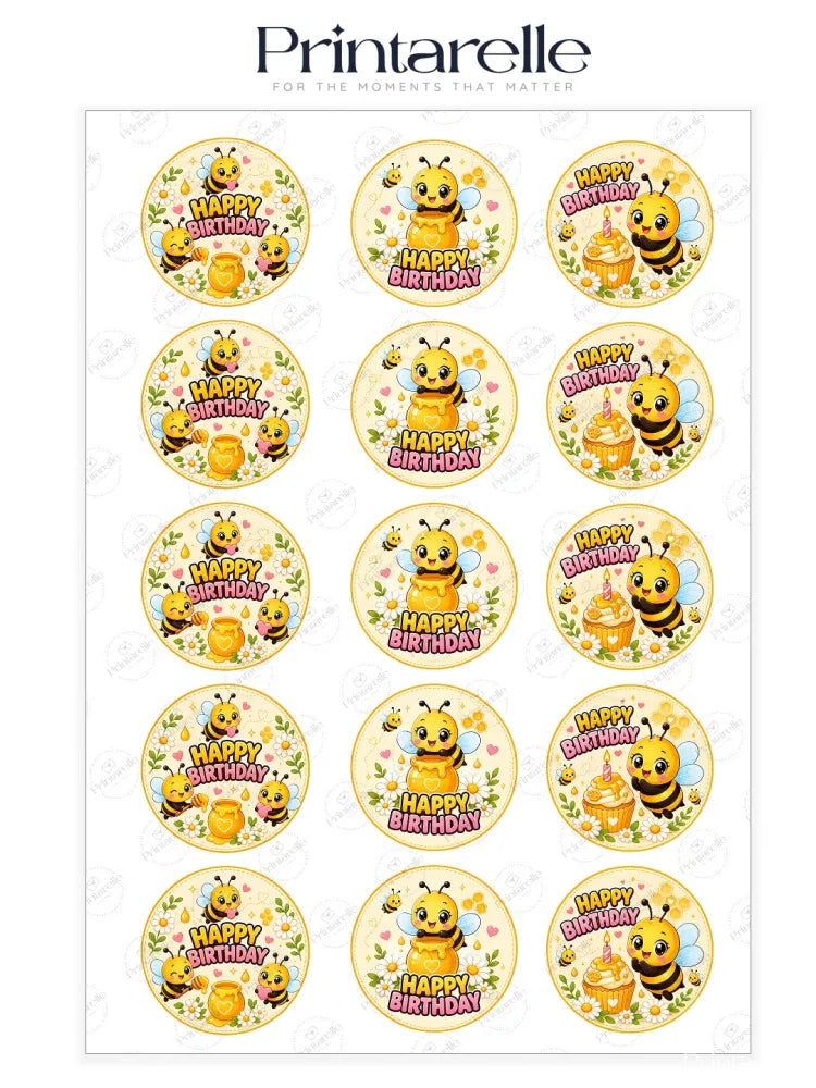 Cute circular bumble bee birthday cupcake edible toppers on wafer paper in pastel yellow pink and green icing sheet designs