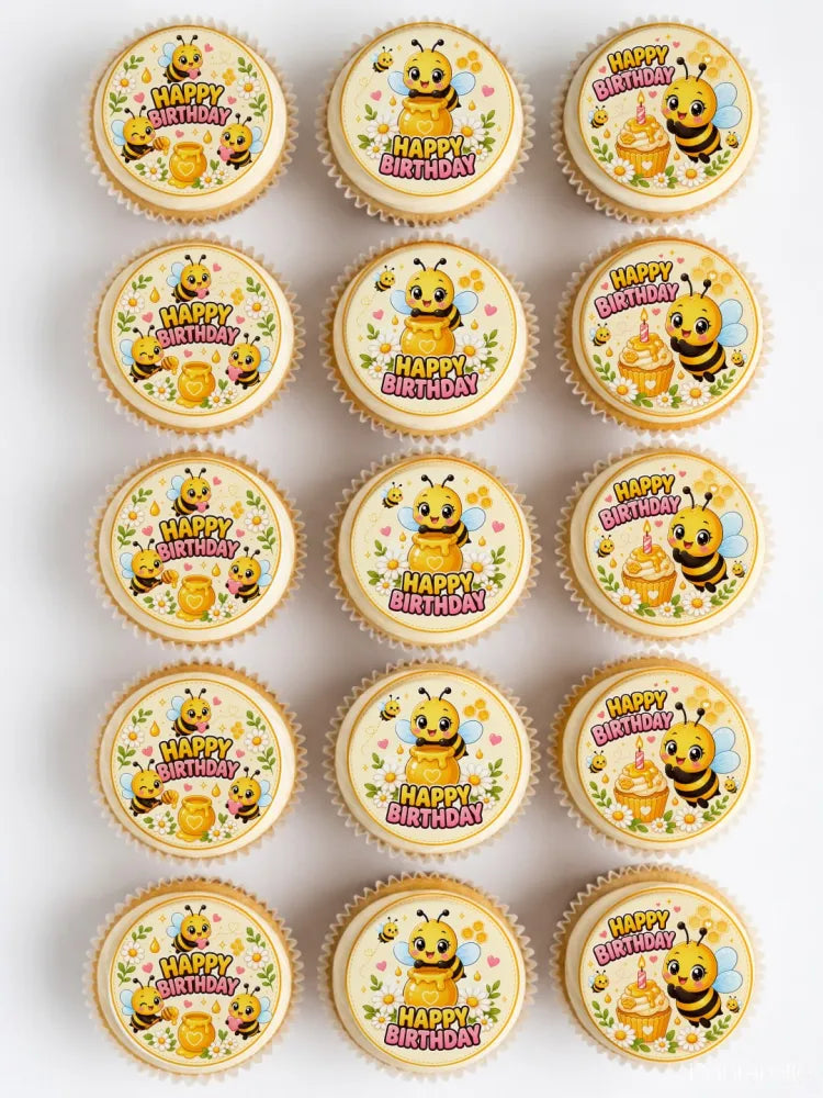 Cute yellow and black bumble bee birthday cupcake edible toppers with pink text on white icing sheet background