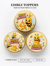 Cute yellow and black bumble bee birthday cupcake edible toppers with pink text floral designs on wafer paper icing sheet