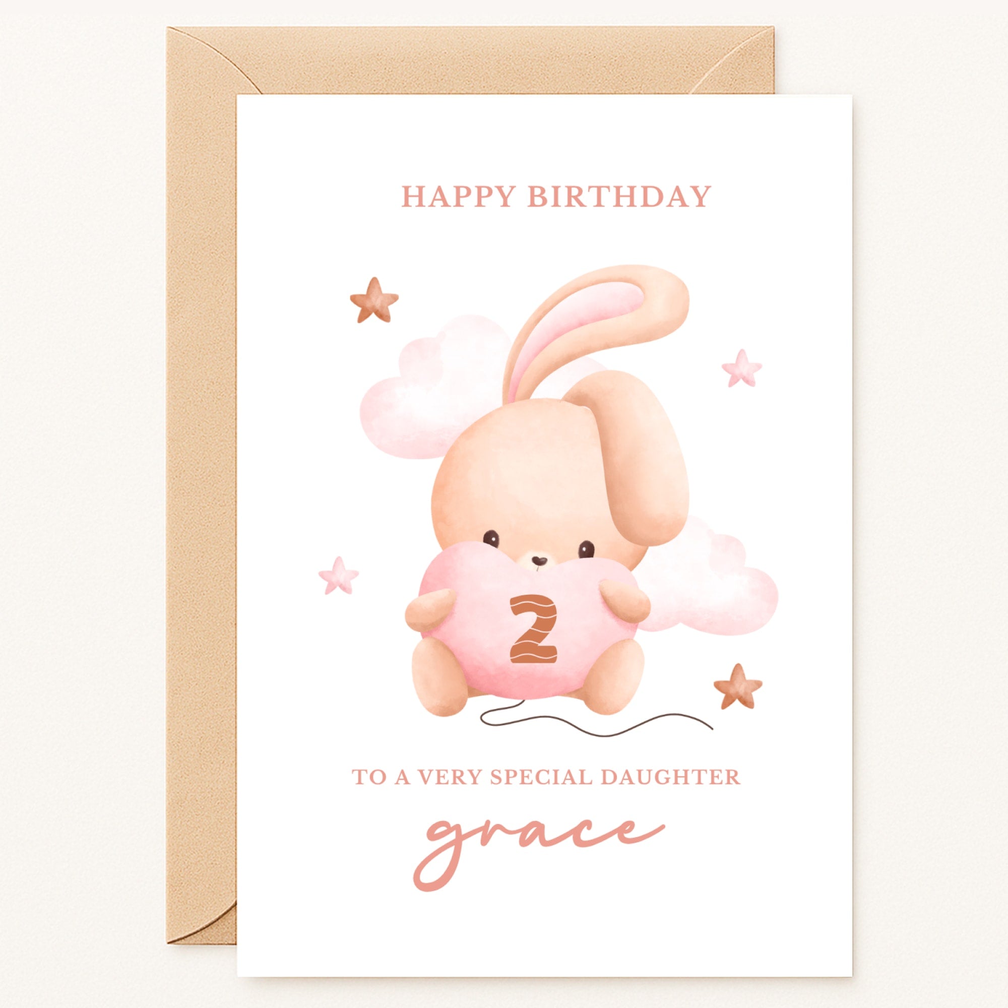 personalised 2nd birthday card with bunny holding heart and number for girl