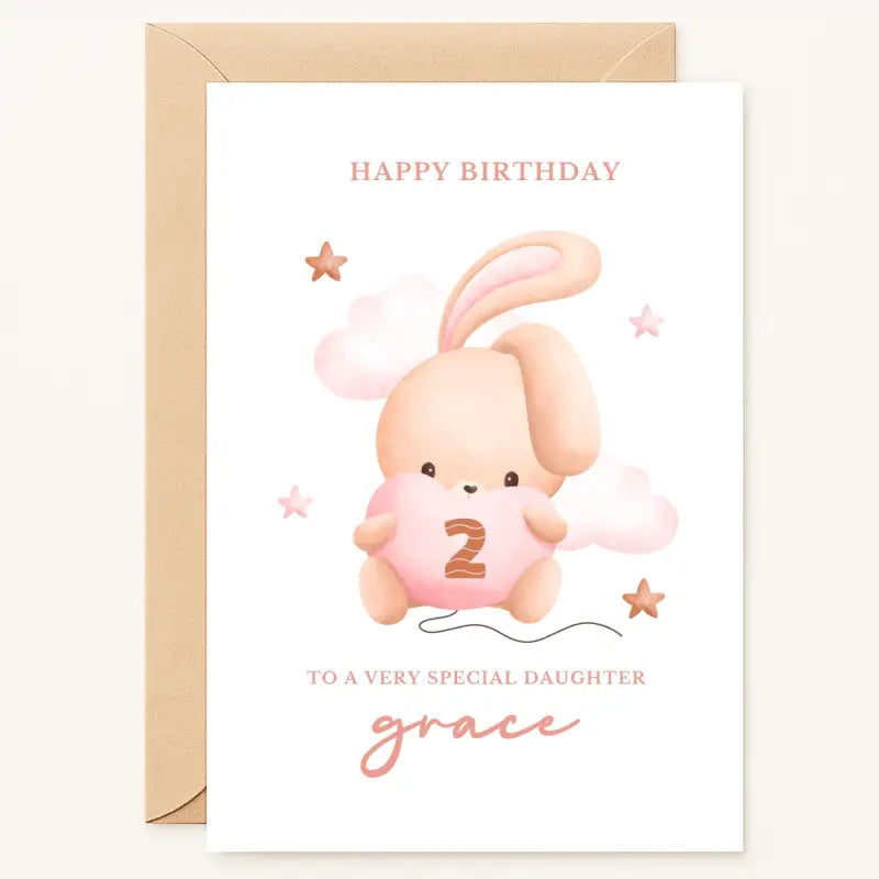 personalised 2nd birthday card with bunny holding heart and number for girl