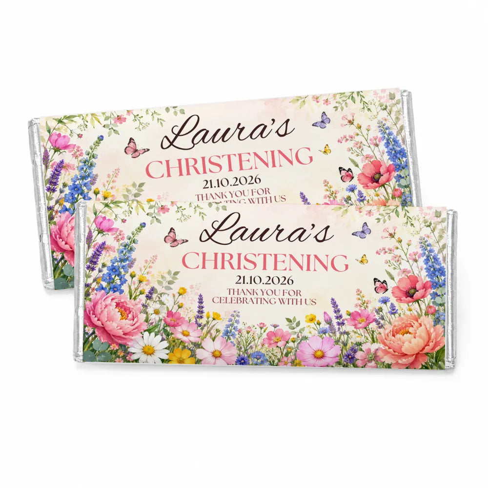A personalised 40g chocolate bar wrapper with pink blue and yellow flowers and painted butterflies for lauras christening