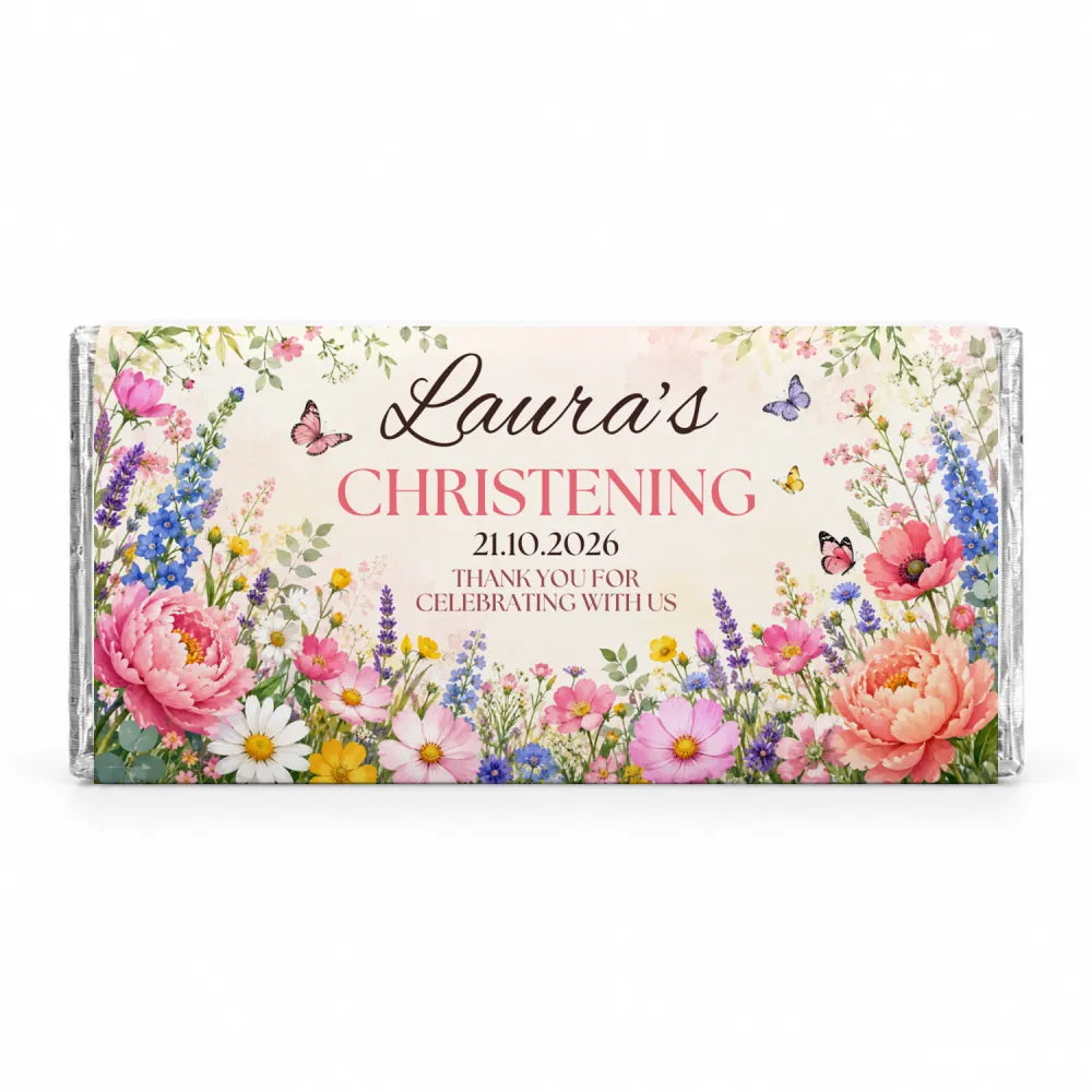 A personalised 40g chocolate bar wrapped in floral design with painted butterflies for butterfly meadow christening