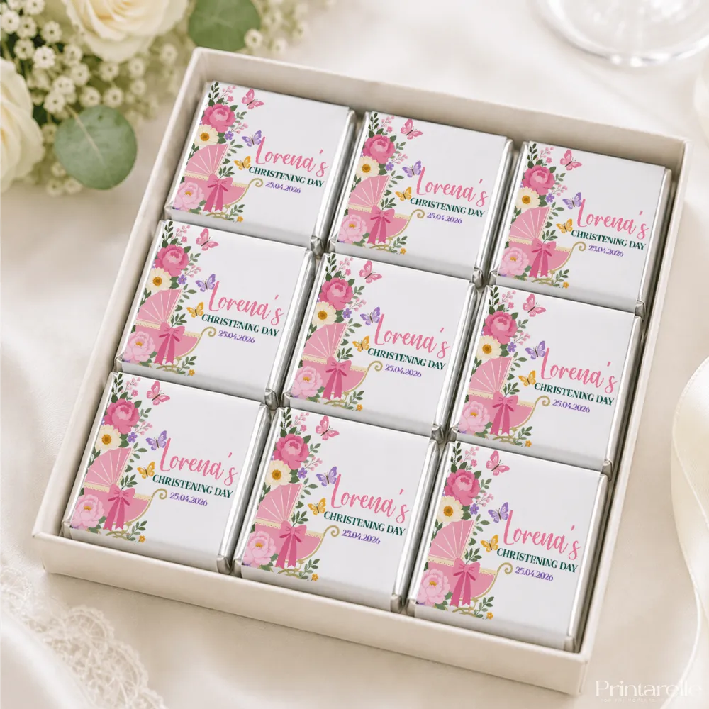 White gift box with pink floral and baby carriage themed mini neapolitan chocolates for christening celebration