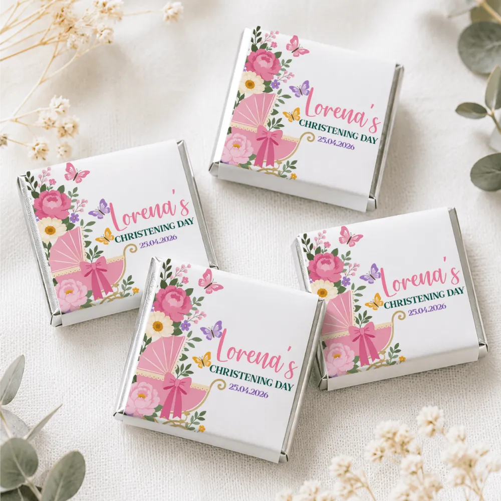 Pink floral carriage themed mini neapolitan chocolates wrapper with lorena’s christening day cursive print