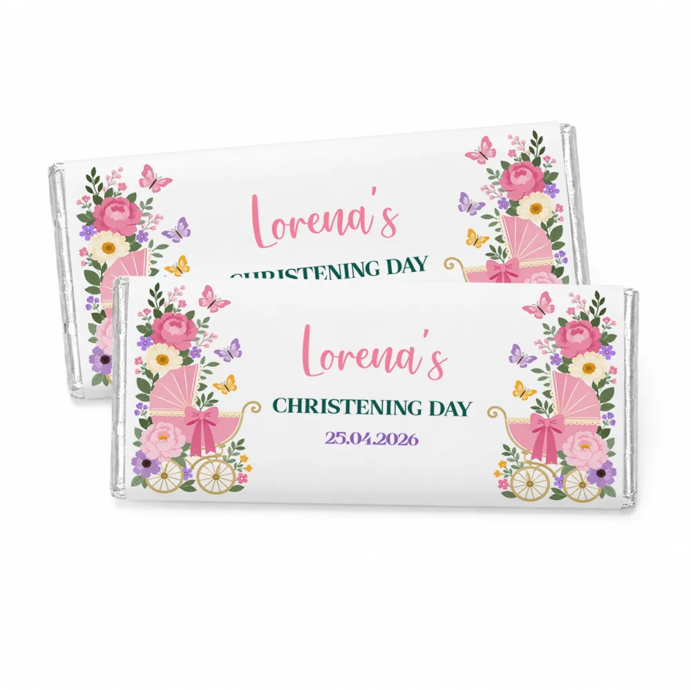 Personalised 40g chocolate bars with pink floral wrap and vintage pink pram design for butterfly pram christening