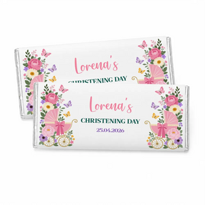 Personalised 40g chocolate bars with pink floral wrap and vintage pink pram design for butterfly pram christening