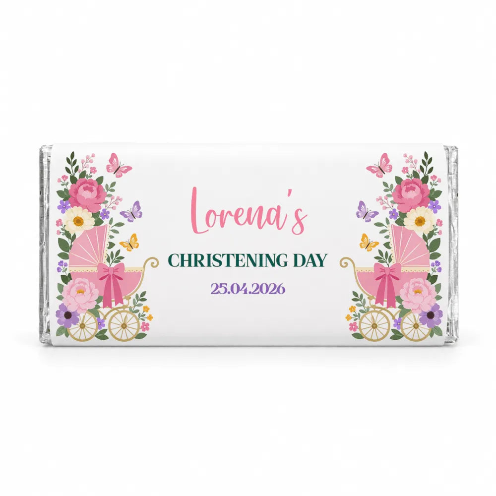 A personalized white chocolate bar with pink pram and butterfly floral design for lorena’s christening day 25.04.2026