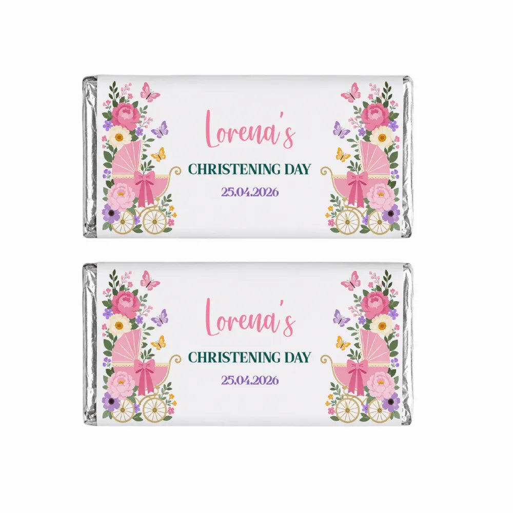 Pink floral vintage pink pram chocolate bars personalized for lorenas christening day butterfly pram design