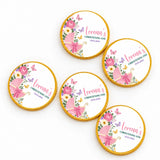 Pink and gold foil-wrapped chocolate coins with butterfly pram floral design for butterfly pram christening gift