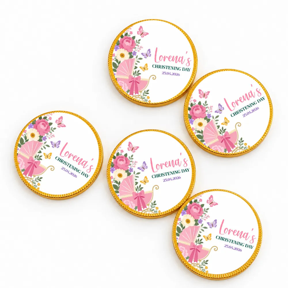 Pink and gold foil-wrapped chocolate coins with butterfly pram floral design for butterfly pram christening gift