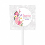 Pink floral butterfly pram lollipop favour with swirl lollipops finished and personalized for christening day